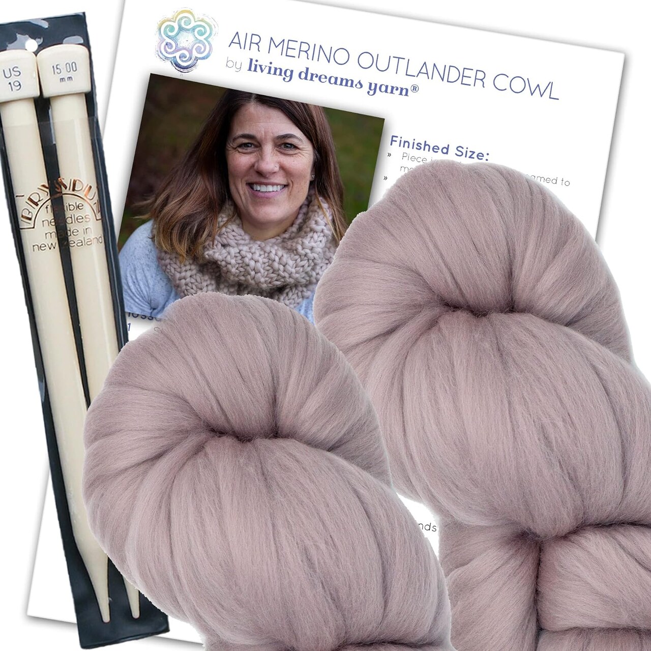 Merino Cowl Knitting Kit: Soft and Thick #7 Weight Jumbo Yarn, Knitting Needles and Pattern. Beginner. Everything Included, Great for Gifts